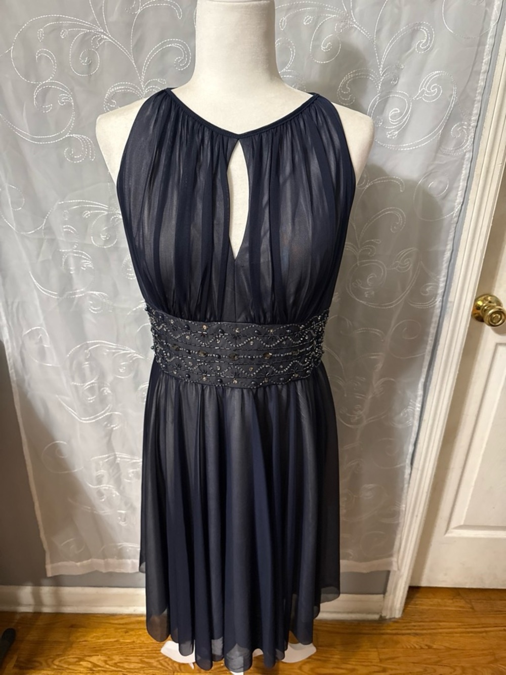 La Nouvelle Renaissance Beaded Waist Halter Dress, Navy Blue, Size 10